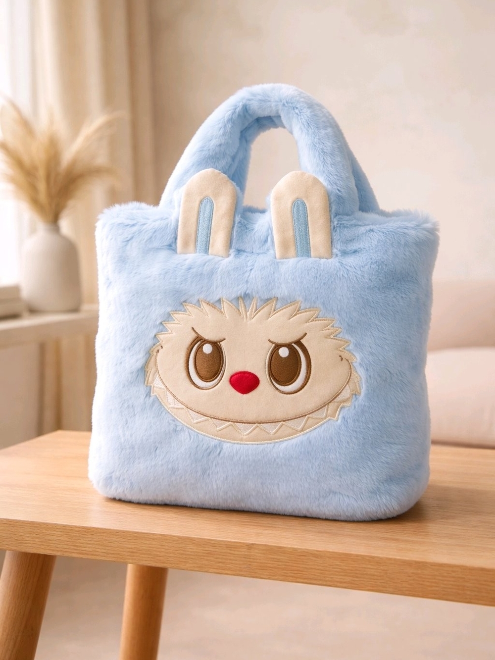 Plush Generic Labu  Blue Bunny Tote Bag with Cute Face Applique